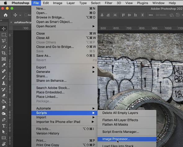 The 'Image Processor' option selected from the ‘Scripts’ drop-down menu in Adobe Photoshop