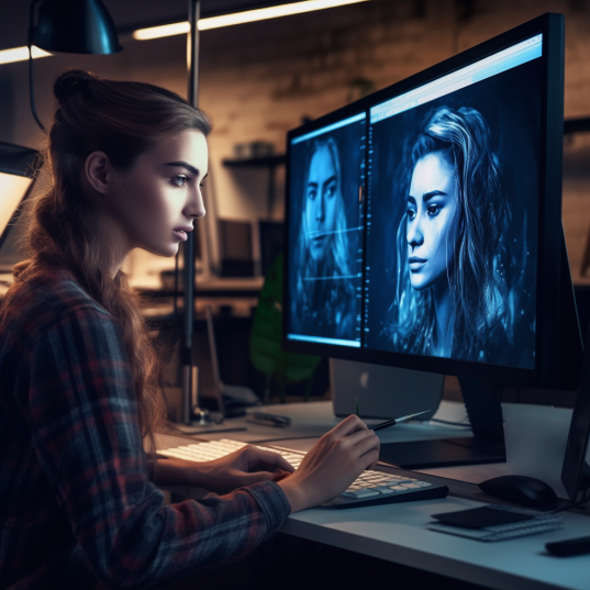 A girl retoucher works on a portrait in Photoshop.
