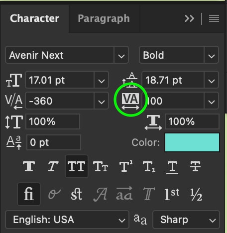 Adjusting the spacing between letters in Adobe Photoshop.