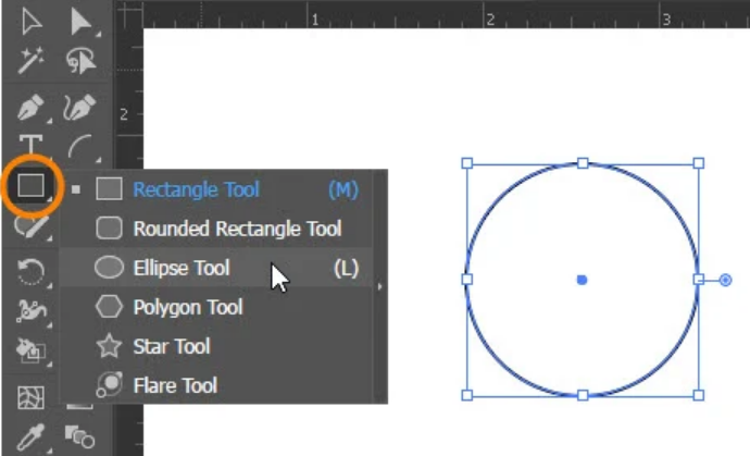 The “Ellipse Tool” chosen in Adobe Illustrator.