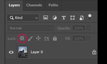 The 'Lock Transparent Pixels' icon at the 'Layers' panel in Adobe Photoshop