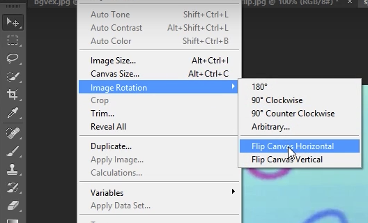 The "Flip Canvas Horizontal" function selected from the drop-down menu in Adobe Photoshop.