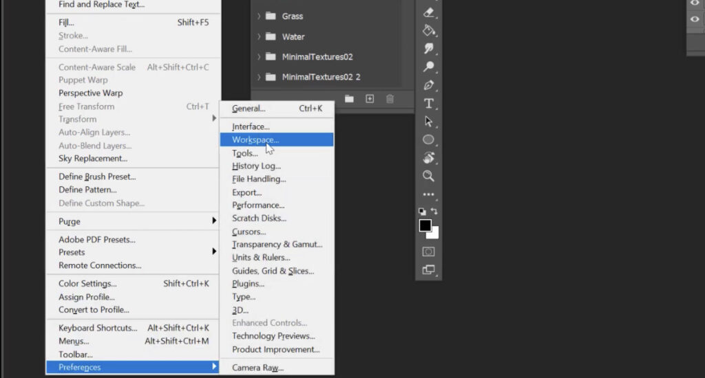 The “Workspace” function chosen from the dropdown menu in Ps.