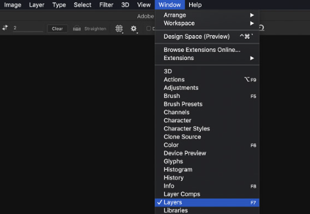The 'Layers' option selected from the 'Window' drop-down menu in Adobe Photoshop