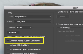 The checkbox titled 'Override Action "Open" Commands' in Adobe Photoshop