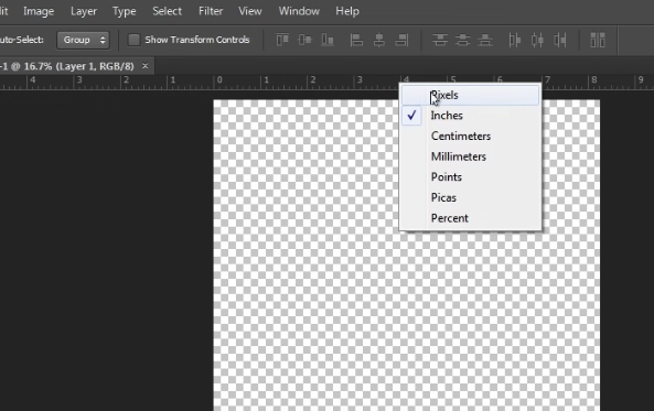 “Inches” chosen from a context menu in Photoshop.