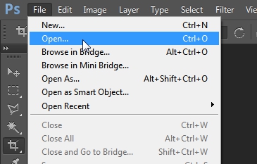 The "open" function in the "File" drop-down menu in Ps.