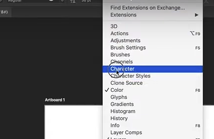 The "Character" option chosen from the dropdown menu in Ps.