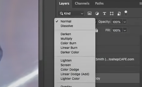Blending Mode dropdown menu at the top of the Layers Panel in Photoshop.