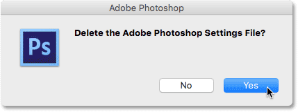 A dialog box asking “Delete the Adobe Photoshop Settings file”.