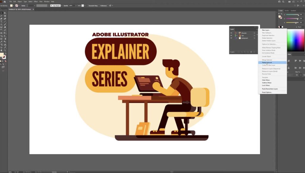 'Flatten Artwork' chosen to merge all layers into a single layer in Adobe Illustrator.