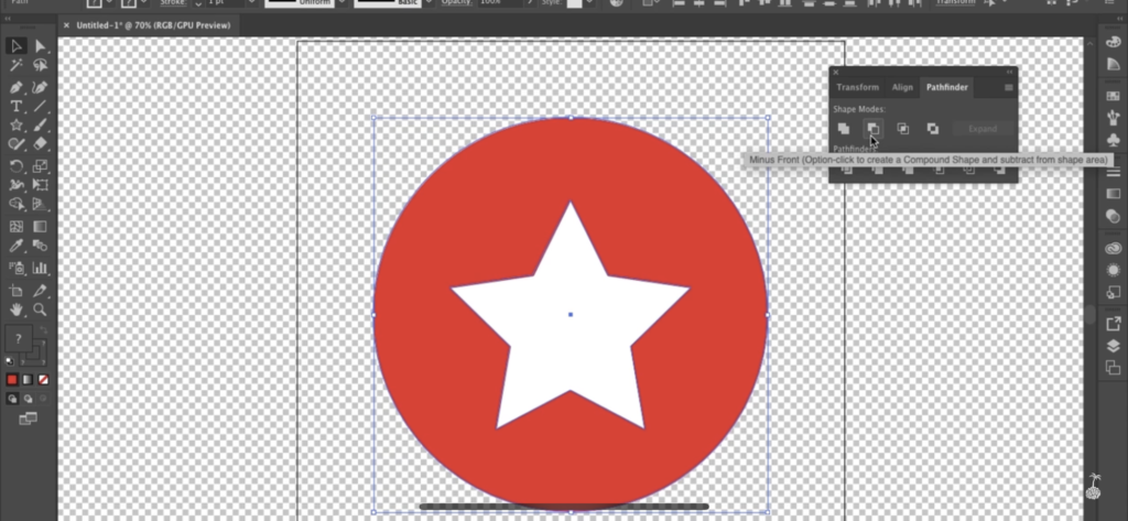 'Minus Front' button in the Pathfinder panel in Adobe Illustrator.