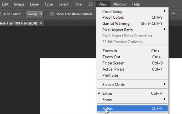 “Rulers” chosen from the drop-down menu in Ps.