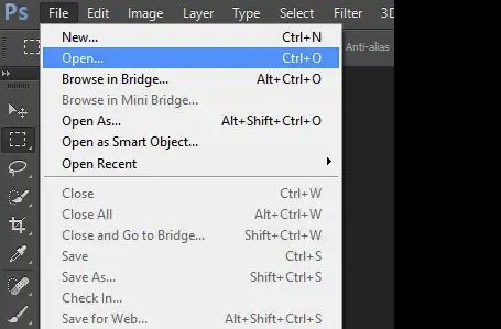 The "Open" tab selected in the "File" drop-down window in Adobe Photoshop.