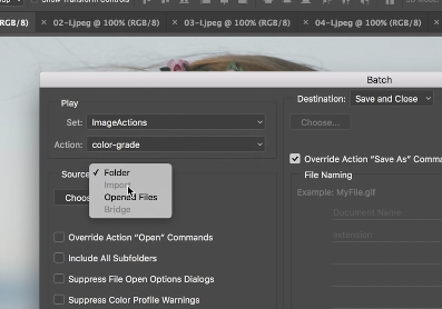 The option ‘Folder’ selected from the ‘Source’ drop-down menu from the Batch dialog box in Adobe Photoshop
