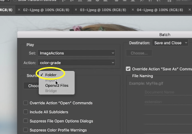 The option ‘Folder’ selected from the ‘Source’ drop-down menu in Adobe Photoshop