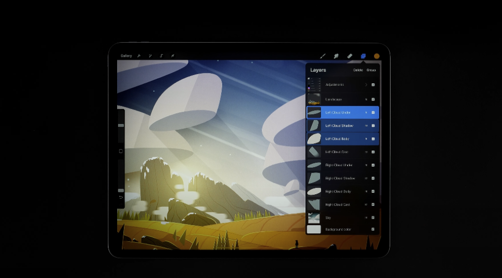Screenshot of Procreate app selecting some layers in the workspace