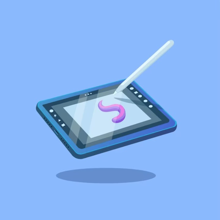 a vector image with a tablet, stylus, and pink curvy stroke on the tablet’s screen