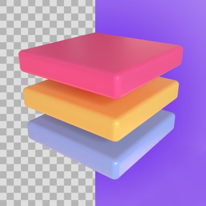 three 3D layers of different colors on a purple and white-and-grey checkered background