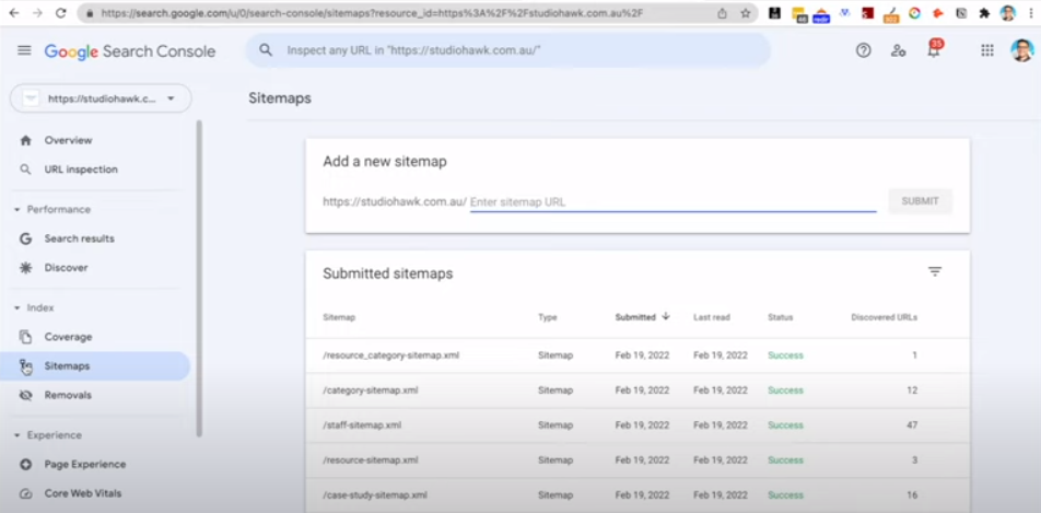 A screen with an example of creating a sitemap with the Google Console tool