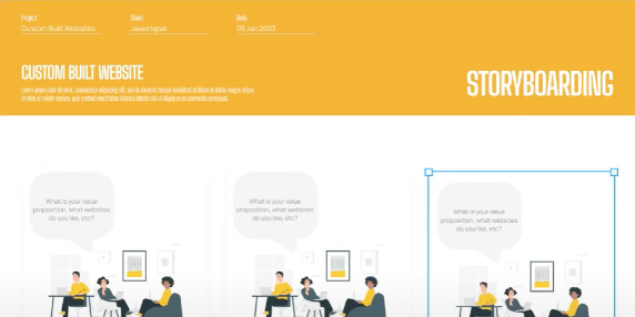 Storyboard of web design featuring a color scheme of white and yellow