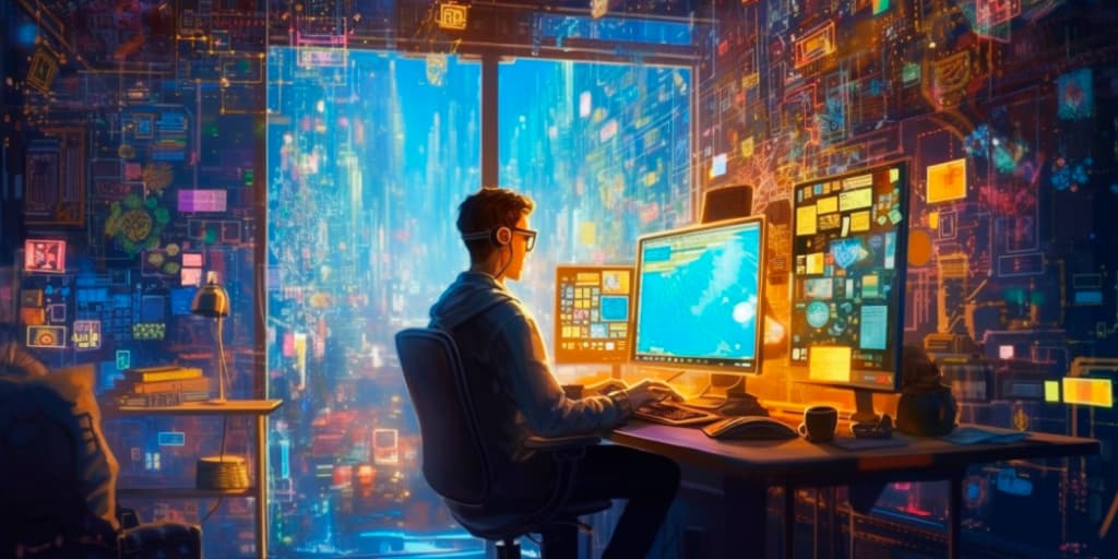 Cartoon boy sitting in front of computer