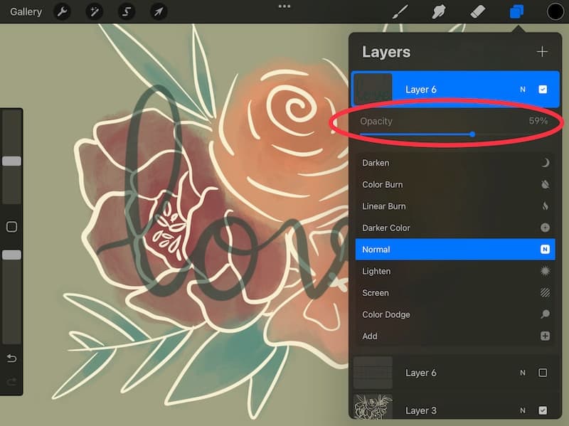 how to change the opacity parameter in procreate